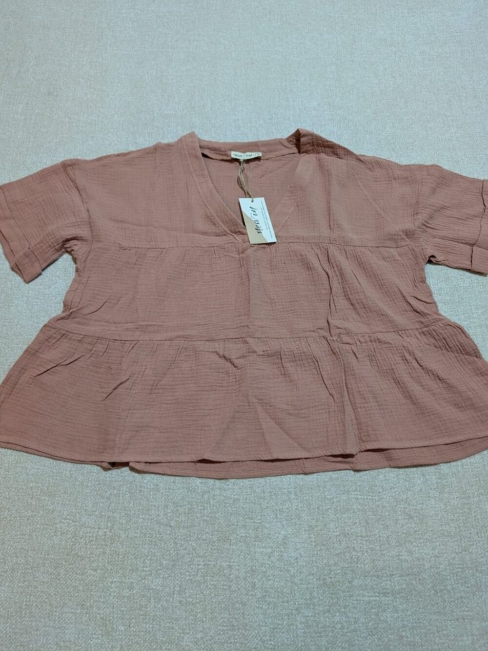 New In Dusty Rose Cotton Gauze Babydoll Top Size L NWT - Picture 3 of 7